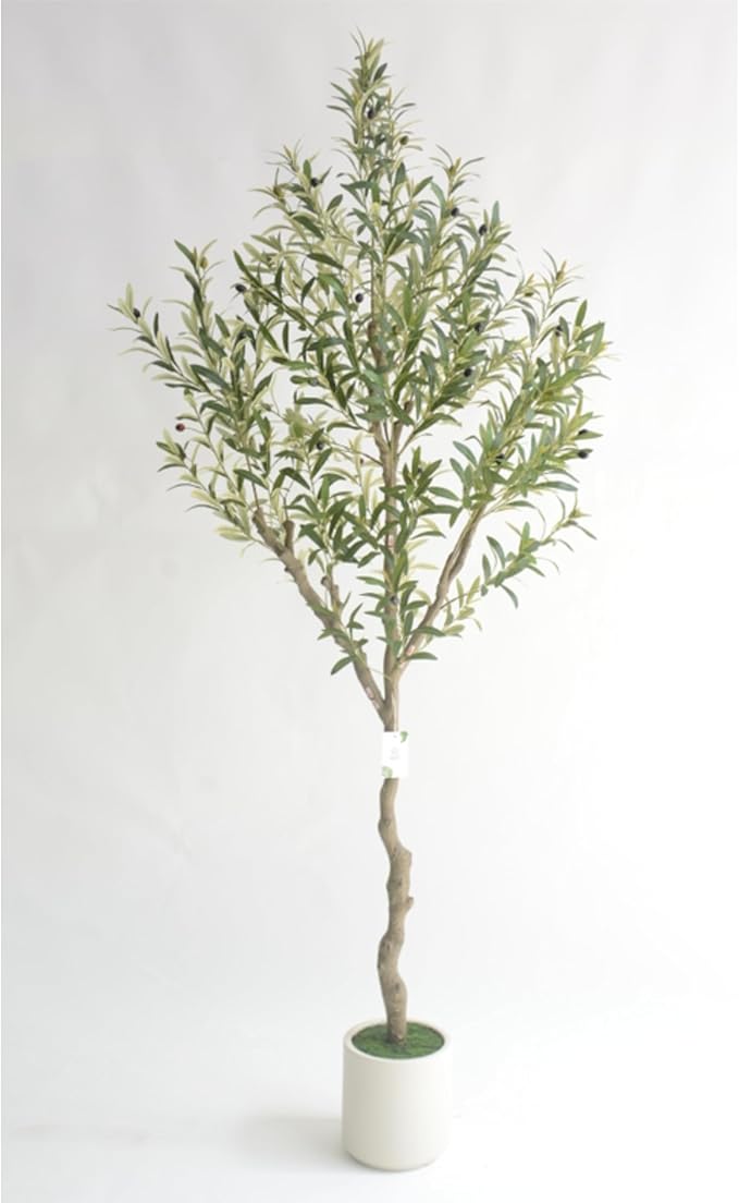 Olive Tree 7 Feet,Maintenance Free, Fake Olive Tree with White Planter Realistic Trunk and Fruit,Large Fake Tree,Perfect for Home Office Living Room Décor