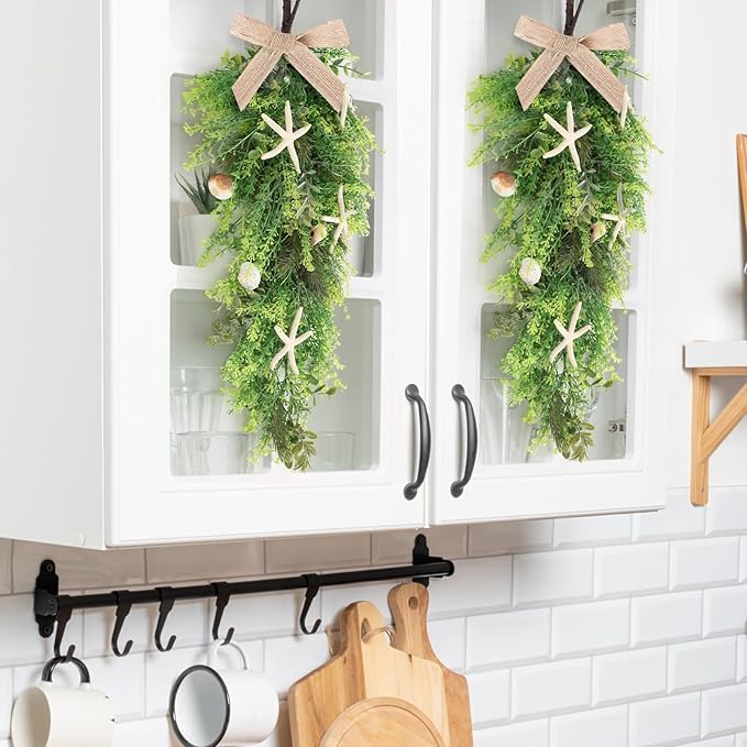 2 Pcs 24"Seashell Starfish Teardrop Swag Wreath with Green Leaves for Front Door Wedding Rustic Farmhouse Costal Starfish Conch Shells Wreath for Indoor Outdoor Spring Summer All Seasons Home Decor ﻿