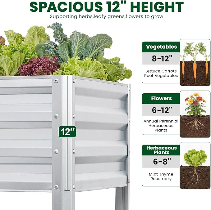 1MORE Elevated Raised Garden Bed with Legs, 48×24×32in Large Metal Raised Bed for Backyard, Patio, Balcony. Raised Planter Box with Drainage Holes for Plants Vegetables Flowers Fruits(Sliver-2pcs)