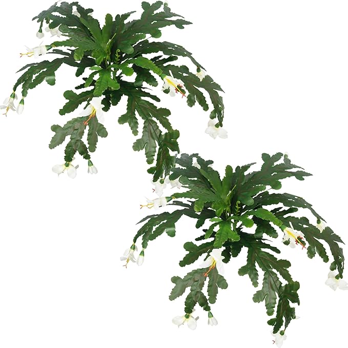 FRUNVS Artificial Ferns for Outdoors 2 Pcs Fake Ferns Plants Bushes with White Flowers and 24 Fronds 18" Faux Fern for Outdoor Hanging Planter Garden Porch Entrance Office Indoor Home Decor