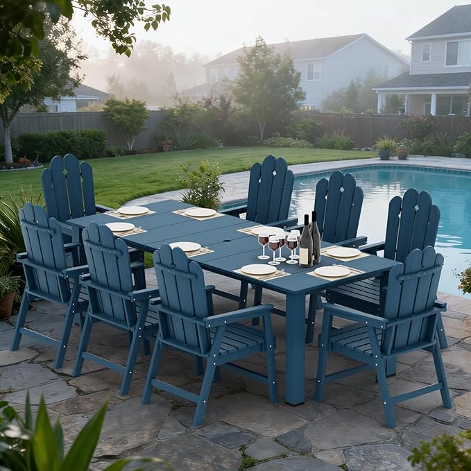 9-Piece Patio Dining Set, Outdoor Dining Set for 8, Large HDPE All-Weather Outdoor Furniture with 89.57” Umbrella Hole Table, 8 Armchairs, Navy