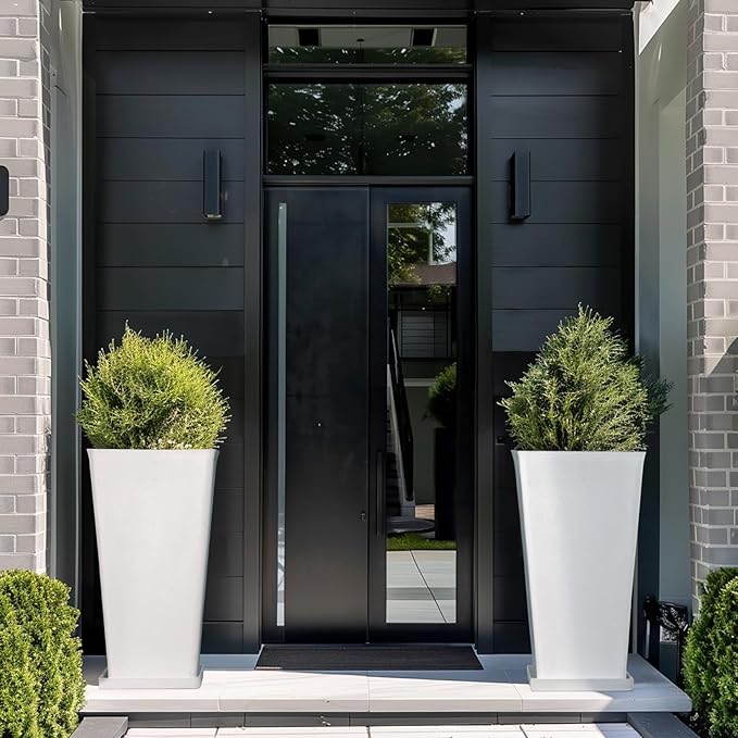 LA JOLIE MUSE 26 inch White Tall Planters for Outdoor & Indoor Plants, Set of 2 Rectangular Standing Planters with Drainage Holes and Tray