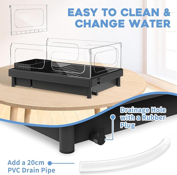 MoonOrange Small Turtle Tank, Aquarium, Acrylic Terrarium with Basking Platform, Bottom Drainage, Multi-Function Areas for Turtles, Crabs, Crayfish, Reptiles.(Black+Filter)