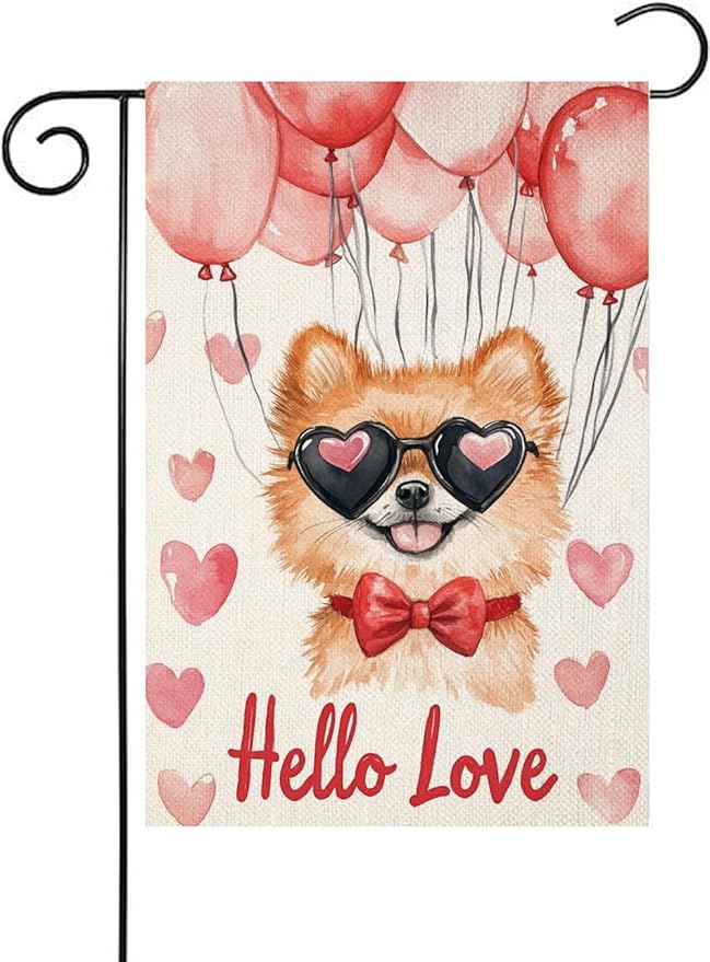 Valentine's Day Pomeranian Hello Love Garden Flag, House Yard Plaid Love Heart Outside Decoration, Spring Holiday Wedding Anniversary Outdoor Small Decor 12x18(12633)