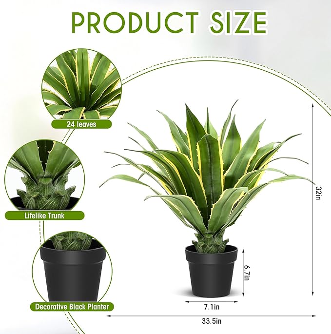 Giegxin 1 Piece 32" Tall Artificial Spiked Agave Plant Potted Faux Agave Plants UV Resistant Large Realistic Artificial Greenery Outdoor Indoor for Housewarming Gift House Garden Bathroom
