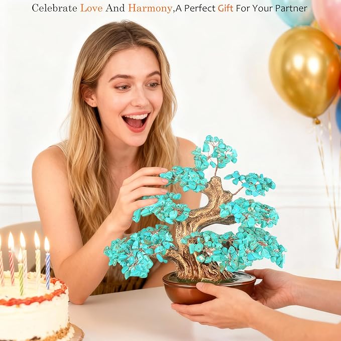 MASGEMES Natural Turquoise (360 Large Beads) Crystal Tree Bonsai – Throat Chakra Healing Tree of Life, Feng Shui Positive Energy Decor for Home Office & Meditation Spaces 8''