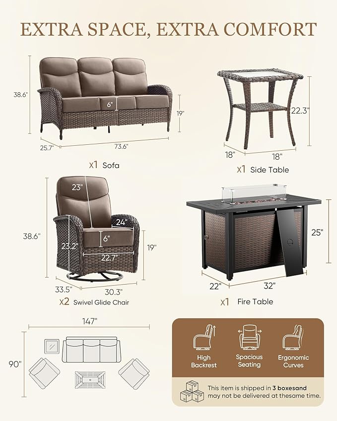 Belord Upgraded 6“ Cushion Luxury 5 Piece Patio Furniture Set with Fire Pit Table - Outdoor Furniture Set with High Back Swivel Rocker Patio Chairs, Conversation Set for Deck Porch Yard - Brown/Grey
