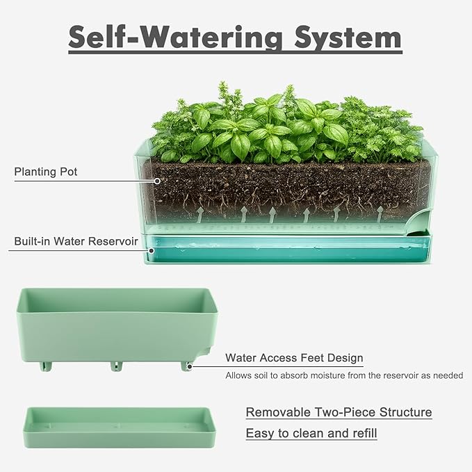 Party Zealot Window Boxes Planters, 3 Pack Self Watering Pots for Indoor Plants 17 Inch Rectangular Planter Rectangle Flower Pots Long Plant Pot Large Window Sill Herb Planter Box, Green