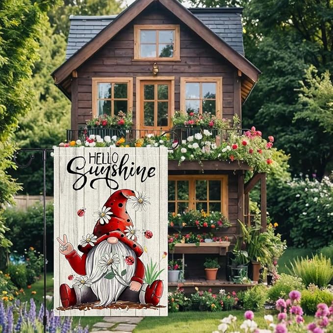 Welcome Sunshine Garden Flag Summer Gnome Garden Flags 12x18 Inch Double Sided Burlap Colorful Floral Small Decor Home Yard Lawn Holiday Outdoor Flags Decorations