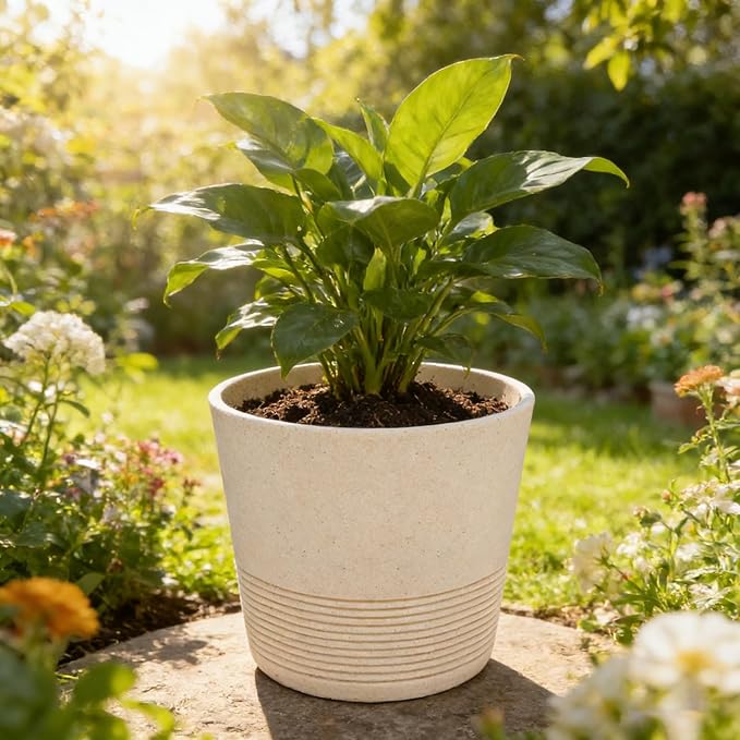 Ekirlin 7 Inch Natural Gravel Planters, Modern Resin Indoor Plant Pot, Heavy Planter with Drainage Hole, Removable Rubber Stopper and Non-Slip Soft Pad, Decorative Pot for Outdoor/Garden Plants