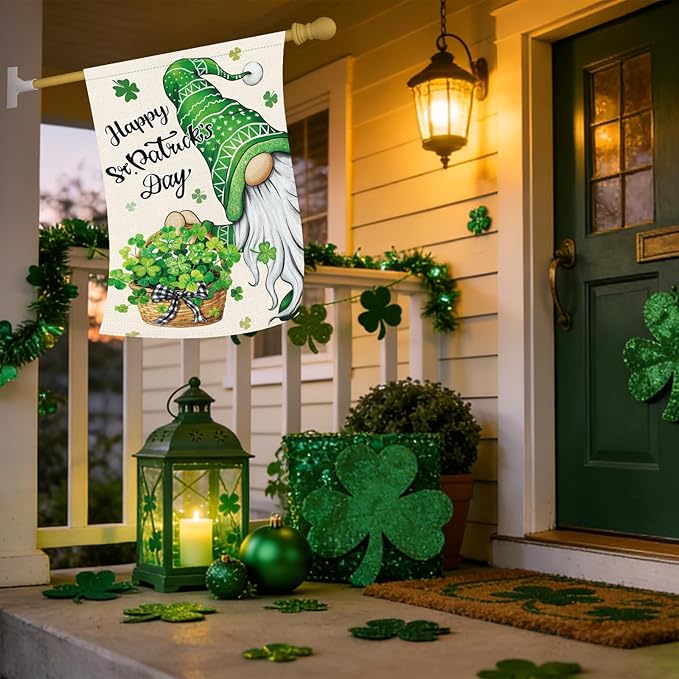 Heyfibro Happy St. Patrick's Day Gnome Garden Flag 28x40 Double Sided Burlap, Shamrock Basket Yard Flag for Spring Seasonal Irish Holiday Farmhouse Yard Outdoor Decor(ONLY FLAG)