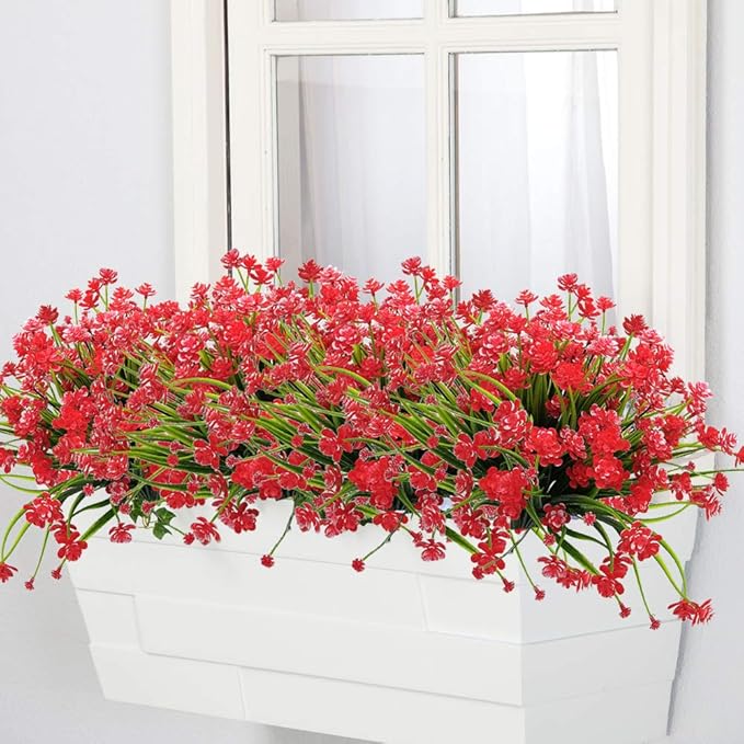 Grunyia Artificial Flowers Outdoor UV Resistant Fake Plants Indoor Outside Hanging Planter Home Garden Decor, 10 Bundles (Red)