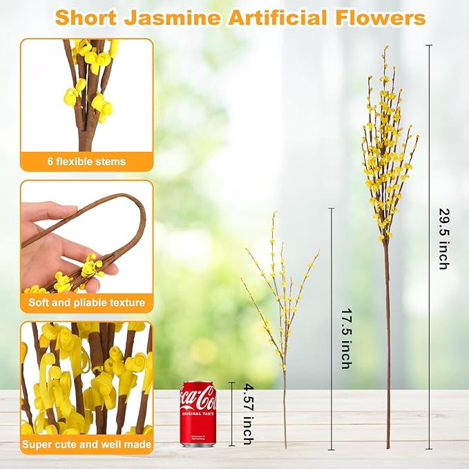 10 Pcs Long Stem Artificial Jasmine Flowers Yellow Fake Flowers Dried Fall Stems for Home Office DIY Floral Art Plant Wedding Fall Stems for Vases Party Thanksgiving Decor