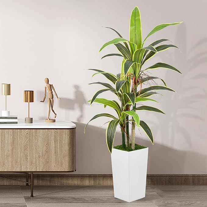 Aritificial Dracaena Tree 5FT with Realistic Trunks and 33 Leaves in Tall White Pot Faux Tropical Yucca Floor Plant for Home Office Decor Indoor Housewarming
