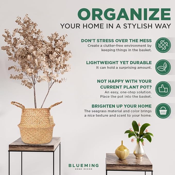 Olive Tree Basket – Wicker Seagrass Planter for Tall Indoor Faux Plants, Decorative Rattan Basket Cover for Houseplants, Snake Plant, Monstera, 7-8 Inch Pots (Original, Medium)