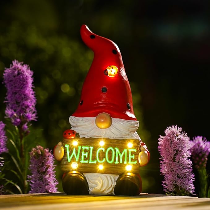 Gnome Garden Decor Statue Solar Welcome Decorations for Yard Lawn Outside with Lights Outdoor Decorations for Balcnoy
