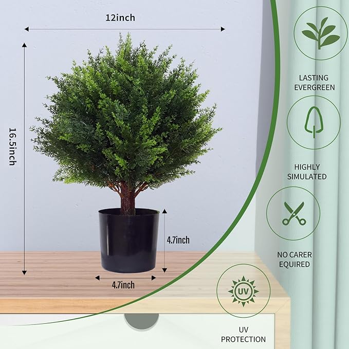 Artificial Cedar Tree - 2pcs Faux Shrub Plants, Hand Trimmed, UV Resistant, Low Maintenance, Suitable for Indoor and Outdoor Decoration (16.5 inches)