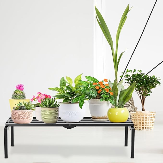 Gouisalin 1 Tier Metal Plant Stand Indoor Outdoor, Potted Multiple Flower Pot Holder Rack Plant Shelf, Heavy Duty Planter Display Shelving for Patio Balcony Garden Living Room Decorative (Black)