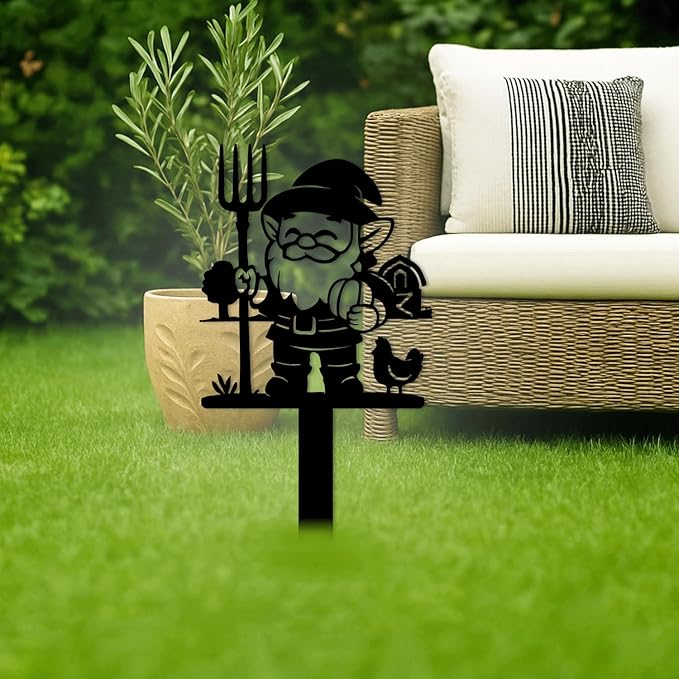 Magilab Personalized Iron Yard Stake - Christmas Cute Gnome Dwarves Decor, 8-Inch Black Metal Garden Sign for Outdoor (Style B)