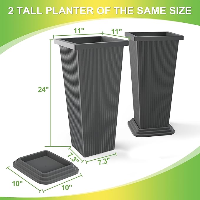 TUYOHW Set of 2 Tall Planters, 24" Large Indoor Outdoor Flower Pots with Tray, Modern Tapered Planters for Porch, Patio, Garden, Backyard