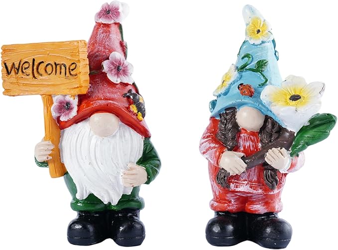 2-Piece Spring Flower Theme Gnome Resin Statues - Outdoor Patio & Lawn Garden Decor, Indoor Home Ornament, Dwarf Garden Figurines, Ideal Gift for Parents & Friends