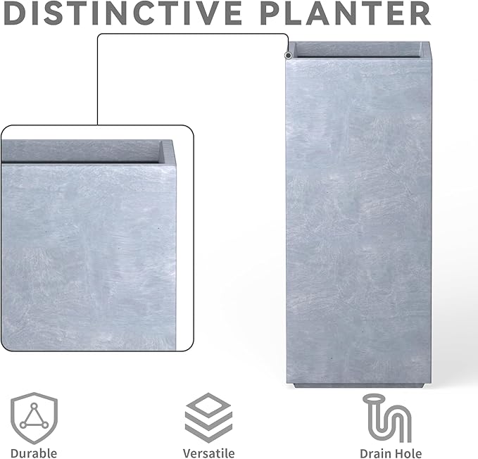 Kante 27.6" H Tall Rectangular Concrete Planter, Modern Square Diameter Plant Pot with Drainage Hole and Rubber Plug for Indoor Outdoor Home Patio Garden, Slate Gray
