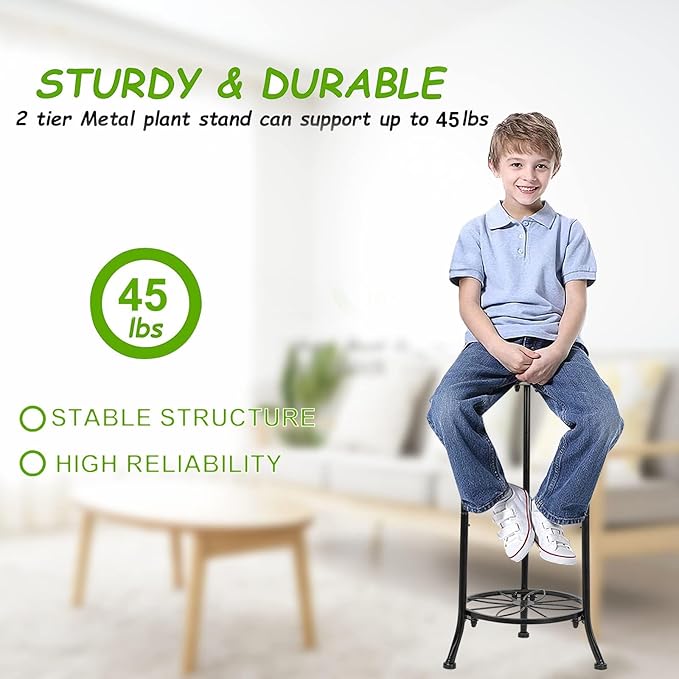 Indoor Outdoor Metal Plant Stand Christmas Gift,20.3" Heavy Duty Flower Pot Stands for Multiple Plant,2 Tier Modern Flower Pot Stand Holder Rack Planter Display for Patio Garden Balcony(2 Pack Black)