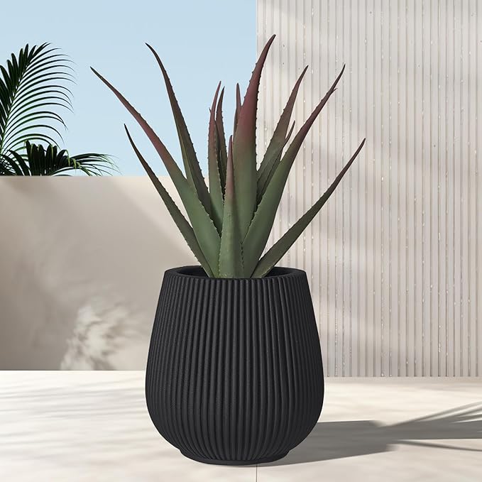 TerraDeco 16 Inch Handmade Concrete Outdoor Planter - Classic Striped Design | Fiberglass & Composite Material | Durable for Commercial & Home Decor