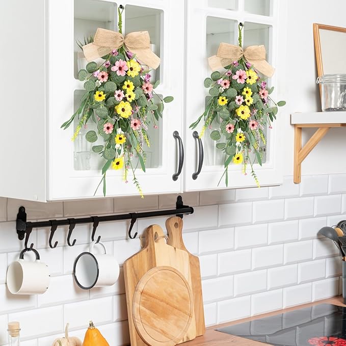 22" Artificial Spring Summer Swag Wreath 2Pcs Spring Summer Floral Teardrop Swags for Front Door Farmhouse Kitchen Cabinet Wreaths with Ribbon Faux Flowers Hanging Wreaths for Porch Wall Window Decor