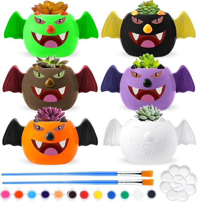 Pasimy 6 Set Ceramics to Paint DIY Ceramic Succulent Planter Pots Paint Your Own Flower Pots Craft Kit Unpainted Bisque Flowerpot with Brush Palette for Family Activity Holiday Gifts(Bat)