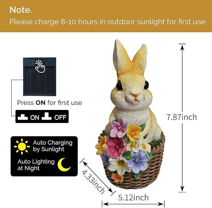 Solar Garden Statue LED Outdoor Garden Decor Funny Animal Sculpture for Yard Patio Lawn Weatherproof Resin Birthday Art Gift（Rabbit）