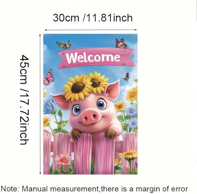 Spring Garden Flag 12x18 Inch Double Sided Outdoor Decoration Flags Welcome Pig with Sunflowers Colorful Floral and Butterflies Yard Banner for Spring or Summer