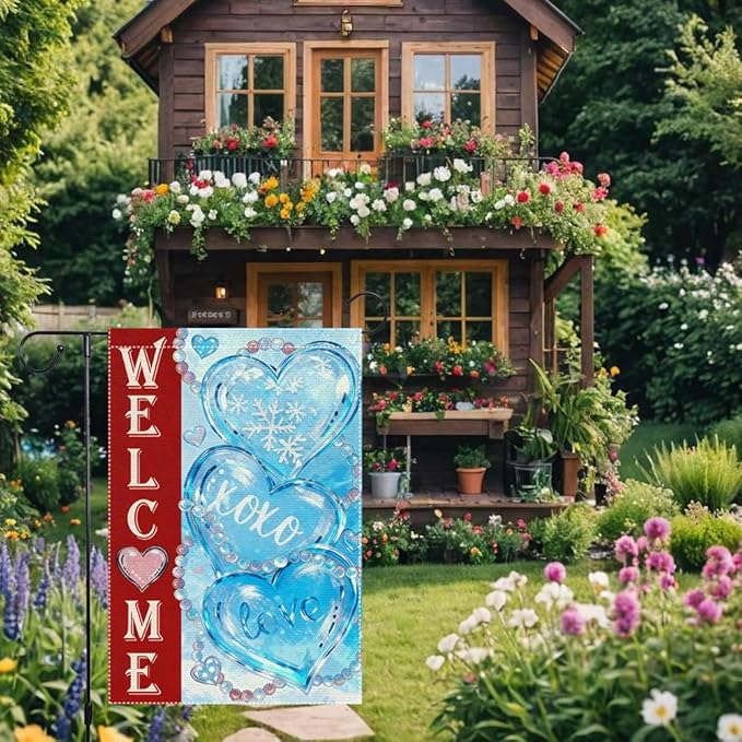 Welcome Winter Valentines Day Garden Flag 12x18 Inch Double-Sided Burlap with Snowflakes and Hearts for Home Decoration