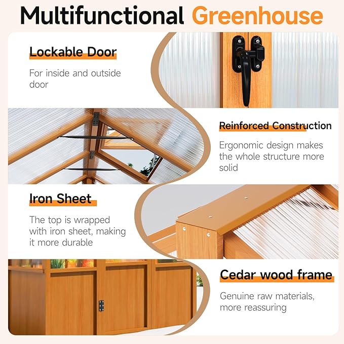 6x10 FT Wooden Greenhouse,Natural Wood Garden House for Plants,Heavy Duty Green House with Polycarbonate Panel, Walk-in Large Garden Greenhouse for Yard, Patio, and Backyard