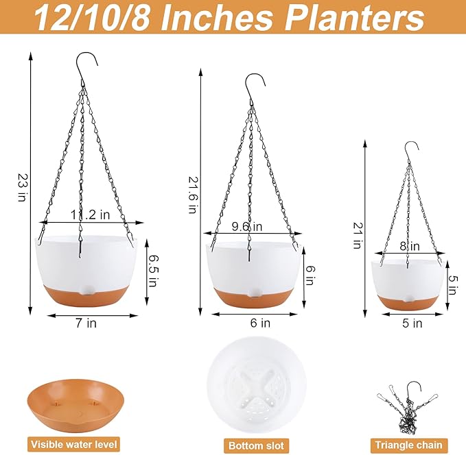 KPUVX 8/10/12 inch Hanging Planters for Indoor Outdoor Plants with Self-Watering Pots, 3 Pack Plastic Hanging Basket with Removable Tray for Home Garden Porch Balcony Patio Decor(White)