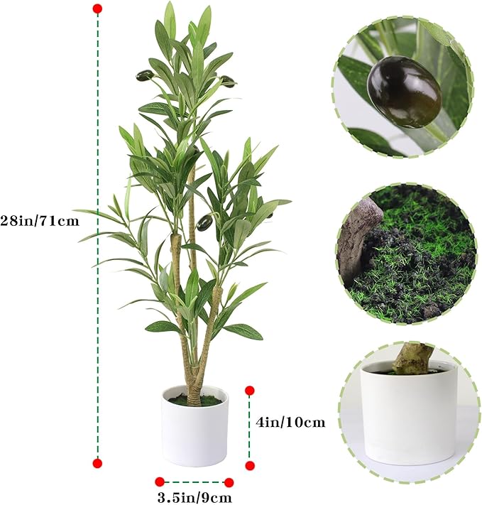 28" Fake Olive Tree with Pot Indoor, Small Artificial Olive Branches Stems Potted Greenery Faux Green Plants in Pot for Tabletop Desk Office Bedroom Bathroom Kitchen Living Room Home Decor