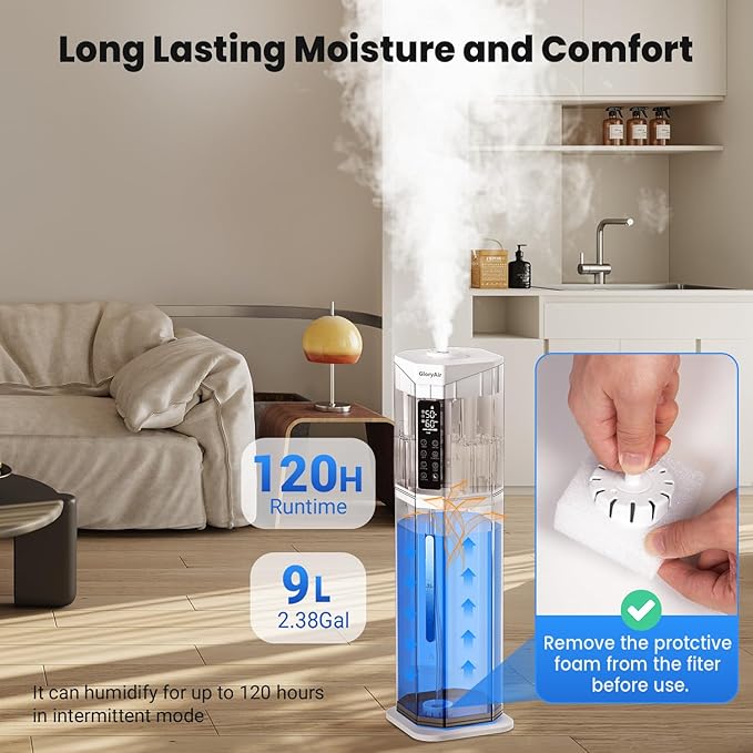Humidifiers for Bedroom - GloryAir 2.38Gal/9L Top Fill Cool Mist Humidifier for Large Room 500ft² 120H Last with Auto Mode 7-Color Light Humidistat Aroma Box Quiet Humidifiers for Plants Baby & Adults