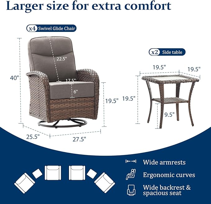 Outdoor Swivel Rocking Chair Patio Set (6PCS), High-Back - Thick Cushion Swivel Rocking Chair Patio Set, All-Weather Wicker Patio Furniture Set, Suitable for Balcony Patios, Brown/Gery