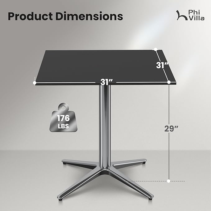 PHI VILLA Outdoor Patio Bistro Table, 31" Square Metal Pedestal Small Dining Table for 2-4, All-Weather Modern Table for Outside Deck, Yard, Porch, Balcony - Black