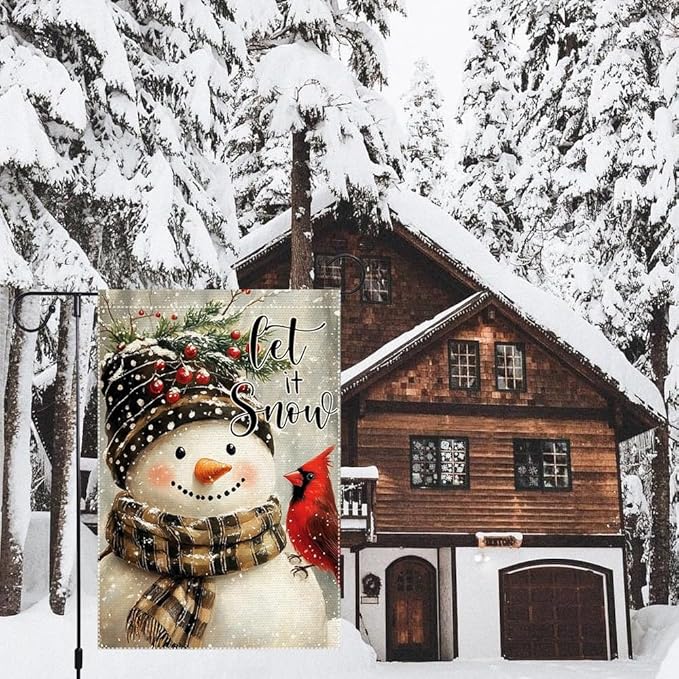 Let It Snow Garden Flag 12x18 Inch Double Sided Burlap Snowman Winter Yard Flag Cardinal Outdoor Holiday Christmas House Banner Small Seasonal Welcome Decoration for Porch Lawn