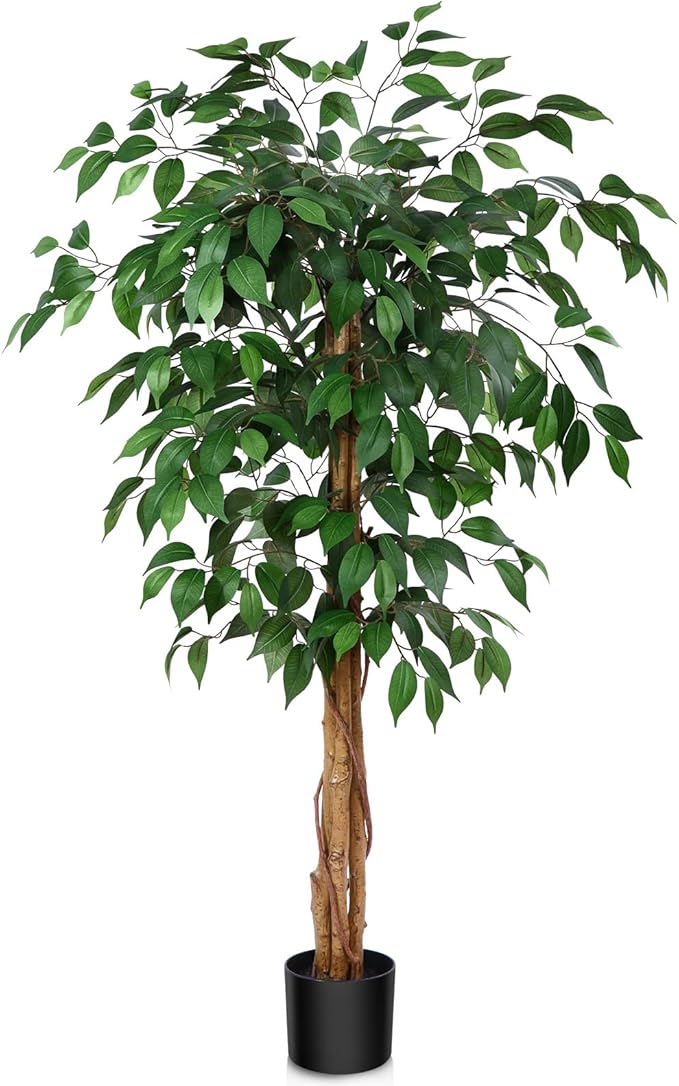 4ft Ficus Artificial Trees with Realistic Leaves and Trunk, Silk Fake Ficus Tree with Plastic Nursery Pot, Faux Ficus Tree for Office Home Farmhouse for Indoor Outdoor Decor(Set of 1)