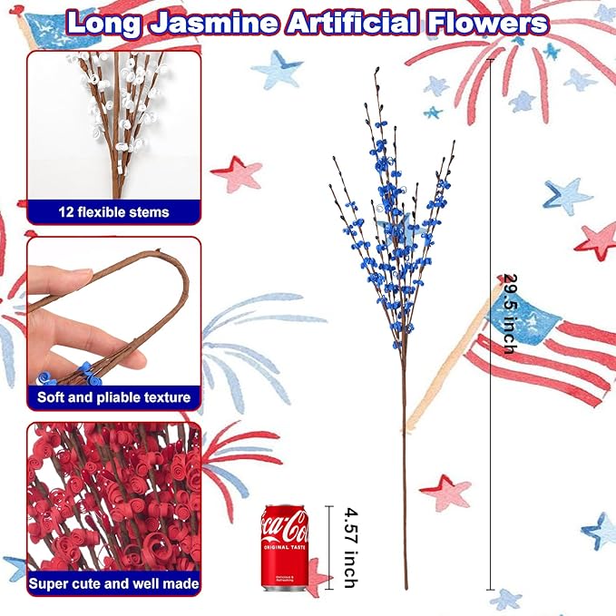 10 Pcs 29" Jasmine Artificial Flowers Red White Blue Artificial Jasmine Fall Flowers for Wedding Bouquets Home Office Party Table Centerpieces Vase Decor
