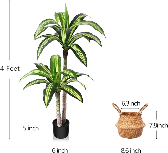 Ferrgoal Artificial Plants, 4 Ft Dracaena Tree Faux Plants Indoor Outdoor Decor Fake Tree with Woven Seagrass Basket Plants for Home Decor Office Living Room Porch Patio Perfect Housewarming Gift