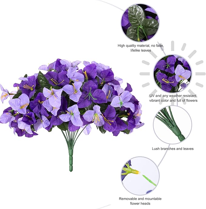 Artificial Spring Flowers for Outdoors, 4 Bundles Fake Bougainvillea UV Resistant Silk Flowers for Outside Faux Outdoor Plants for Planter Patio Porch Window Garden Home Decoration, Mixed Purple