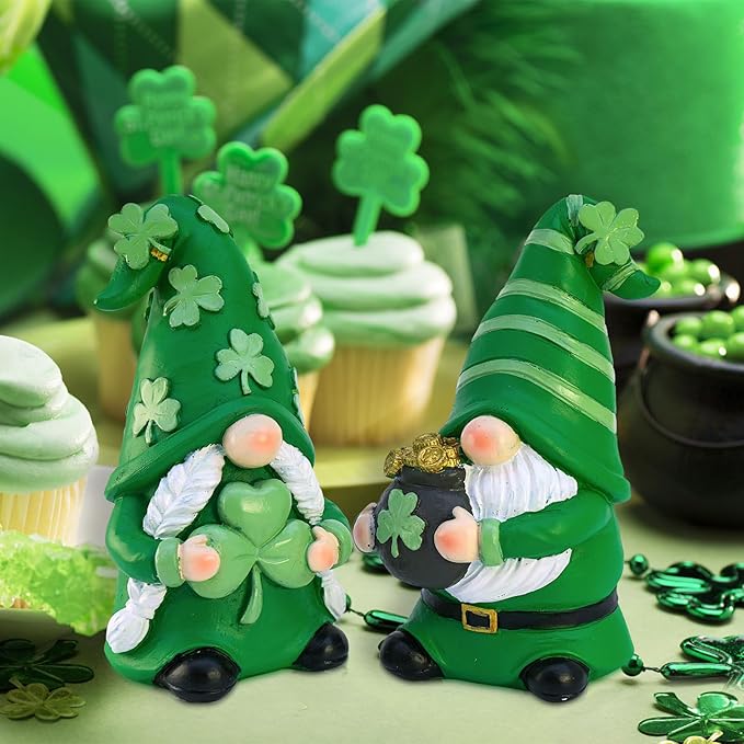 St Patricks Day Decorations Gnomes, 2 Pack Handcrafted Irish Gnomes Lucky Leprechaun Figurines, Shamrock Decor for Table Tiered Tray Shelf