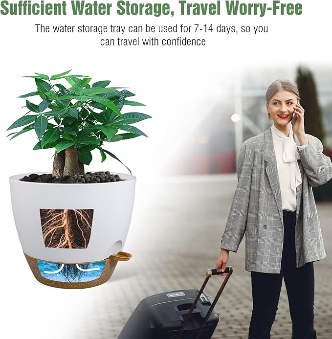 UOUZ 12inch 2Pack Large Self Watering Planters, Plastic Plant Pots with 60oZ Removable Deep Reservoir and Multi Mesh Drainage Holes for Indoor Outdoor Garden Plants and Flowers, White with Brown