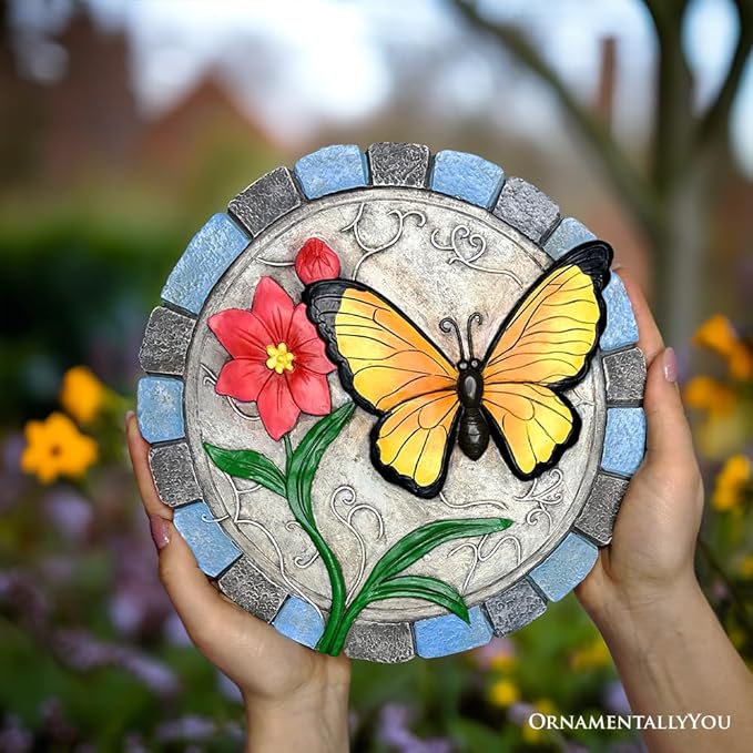 OrnamentallyYou Elegant Resin Stepping Stone, Outdoor Garden Pathway Decoration (Colorful Moments Bloom Stepping Stone, 9.5" Butterfly Garden Decorative Figurine)