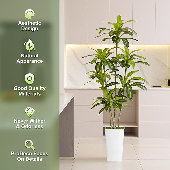 ProDeco Artificial Dracaena Tree 6ft Tall - Green Silk Realistic Fake Plants for Office Home Living Room Bedroom Decor Indoor Outdoor with Pot Large House Faux Floor Plants