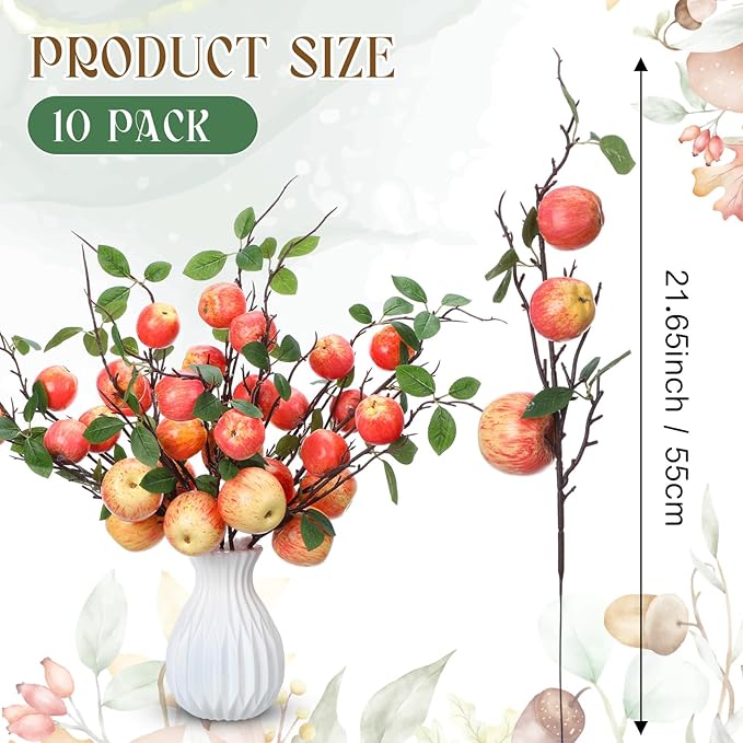 10 Pcs 21.65 Inches Artificial Fake Apple Branches Realistic Tall Apple Bouquets Tree Branch with Long Stem and Green Leaves Fruit Plant for Home Office Vase Filler Shop