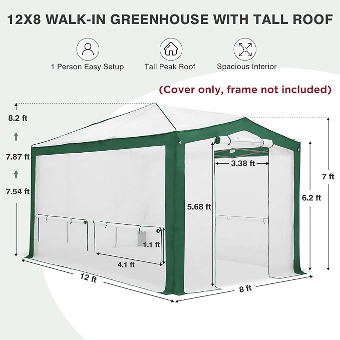 EAGLE PEAK Replacement Cover for 12x8 Pop up Greenhouse with Polyester Reinforced Corners, Front and Rear Roll-Up Zipper Entry Doors and 4 Roll-Up Side Windows (Frame Not Included), Green/White